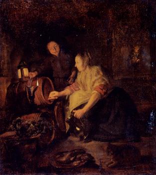 加佈裡埃爾 梅特囌 A Woman Drawing Wine From A Barrel